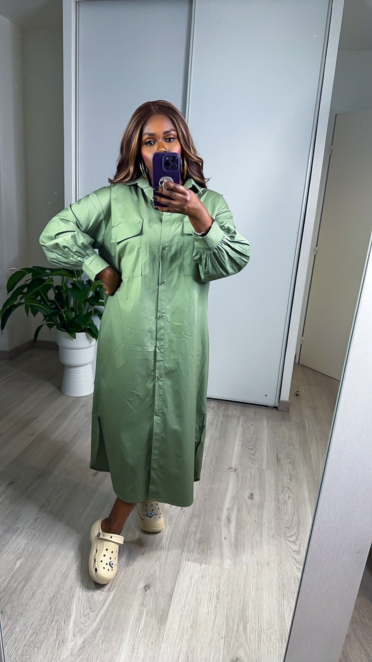 Robe Chemise longue manches bouffantes vert